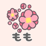 桃の花のイラストで「もも」のロゴあり