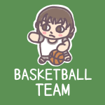 女子バスケ部員のイラストで「BASKETBALL TEAM」のロゴあり