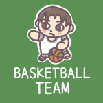 男子バスケ部員のイラストで「BASKETBALL TEAM」のロゴあり