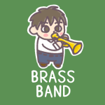 男子吹奏楽部員のイラストで「BRASSBAND」のロゴあり