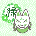 狐のお面のイラストで全体的に緑色で「緑」のロゴあり