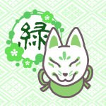狐のお面のイラストで全体的に緑色で「緑」のロゴあり