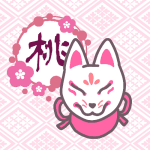 狐のお面のイラストで全体的にピンク色で「桃」のロゴあり