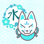 狐のお面のイラストで全体的に水色で「水」のロゴあり