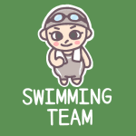 女子水泳部員のイラストで「SWIMMING TEAM」のロゴあり