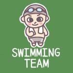 男子水泳部員のイラストで「SWIMMING TEAM」のロゴあり