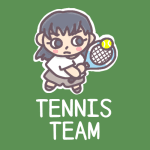 女子テニス部員のイラストで「TENNIS TEAM」のロゴあり