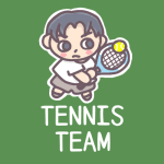 男子テニス部員のイラストで「TENNIS TEAM」のロゴあり
