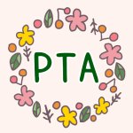 花のリースのイラストで「PTA」のロゴあり