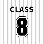 野球ユニフォーム風のイラスト「CLASS8」のロゴあり