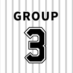 ユニフォームの背番号風イラストで「GROUP3」のロゴあり