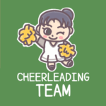 チアリーディング部員のイラストで黒板風の背景「CHEERLEADINGTEAM」のロゴあり