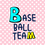 ピンク色の水玉模様にポップな文字「BASEBALLTEAM」のロゴあり