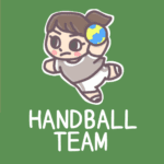 女子ハンドボール部員のイラストで背景は黒板風「HANDBALLTEAM」のロゴあり