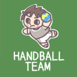 男子ハンドボール部員のイラストで背景は黒板風「HANDBALLTEAM」のロゴあり