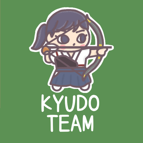 女子弓道部員のイラストで背景は黒板風「KYUDOTEAM」のロゴあり