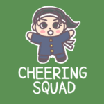女子応援団のイラストで背景は黒板風「CHEERINGSQUAD」のロゴあり