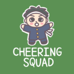 男子応援団のイラストで背景は黒板風「CHEERINGSQUAD」のロゴあり