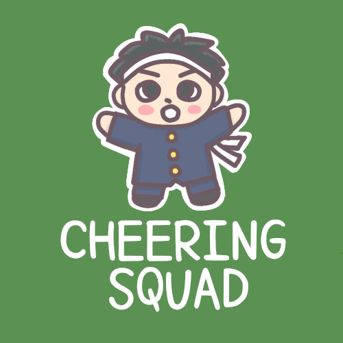 男子応援団のイラストで背景は黒板風「CHEERINGSQUAD」のロゴあり