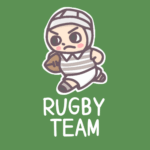 ラグビー部員のイラストで背景は黒板風「RUGBYTEAM」のロゴあり