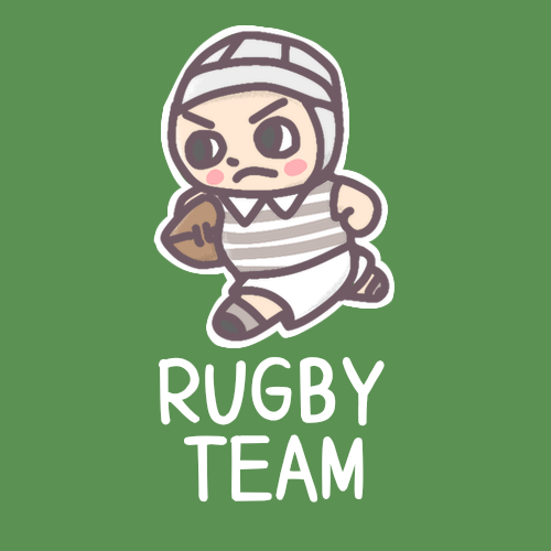 ラグビー部員のイラストで背景は黒板風「RUGBYTEAM」のロゴあり