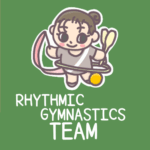新体操部員のイラストで背景は黒板風「RHYTHMICGYMNASTICSTEAM」のロゴあり