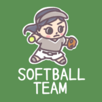 女子ソフトボール部員のイラストで背景は黒板風「SOFTBALLTEAM」のロゴあり