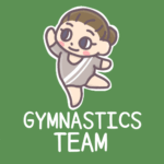女子体操部員のイラストで背景は黒板風「GYMNASTICSTEAM」のロゴあり