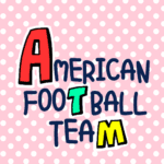 ピンク色の水玉模様にポップな文字「AMERICANFOOTBALLTEAM」のロゴあり