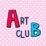 ピンク色の水玉模様にポップな文字「ARTCLUB」のロゴあり