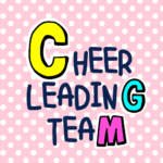 ピンク色の水玉模様にポップな文字「CHEERLEADINGTEAM」のロゴあり