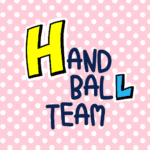 ピンク色の水玉模様にポップな文字「HANDBALLTEAM」のロゴあり