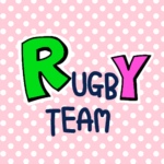 ピンク色の水玉模様にポップな文字「RUGBYTEAM」のロゴあり