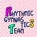 ピンク色の水玉模様にポップな文字「RHYTHMICGYMNASTICSTEAM」のロゴあり