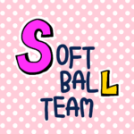 ピンク色の水玉模様にポップな文字「SOFTBALLTEAM」のロゴあり