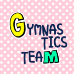 ピンク色の水玉模様にポップな文字「GYMNASTICSTEAM」のロゴあり