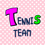 ピンク色の水玉模様にポップな文字「TENNISTEAM」のロゴあり