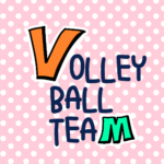 ピンク色の水玉模様にポップな文字「VOLLEYBALLTEAM」のロゴあり