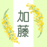 白とパステルグリーンの背景に爽やかでかわいいミモザの花束があるイラスト「加藤」のロゴあり