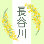 白とパステルグリーンの背景に爽やかでかわいいミモザの花束があるイラスト「長谷川」のロゴあり