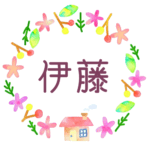 かわいい花と植物と家の温かみのある水彩画風イラスト、真ん中に「伊藤」のロゴあり