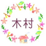 かわいい花と植物と家の温かみのある水彩画風イラスト、真ん中に「木村」のロゴあり