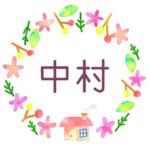 かわいい花と植物と家の温かみのある水彩画風イラスト、真ん中に「中村」のロゴあり