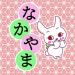 和風モダンな桃色の麻の葉柄にかわいい白ウサギと「なかやま」のロゴのイラスト