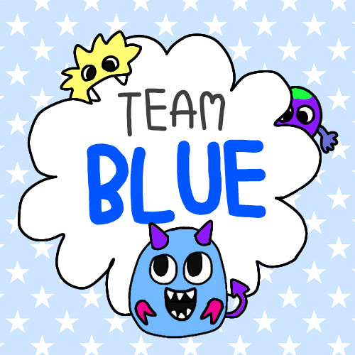 ポップなモンスターのイラスト「TEAMBLUE」のロゴあり