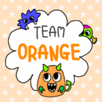 ポップなモンスターのイラスト「TEAMORANGE」のロゴあり