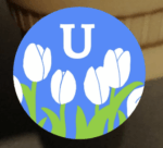 モダンなチューリップのアルファベットアイコンの見本、青背景にU