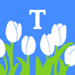 モダンでおしゃれなチューリップとアルファベットのアイコン、青背景にT