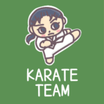 黒板風背景に女子空手選手のイラスト「KARATETEAM」のロゴあり