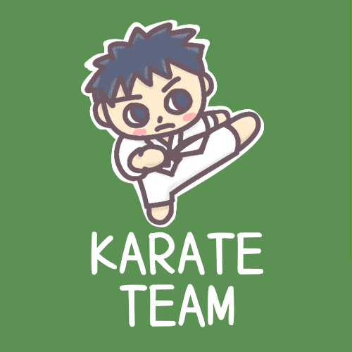 黒板風背景に男子空手選手のイラスト「KARATETEAM」のロゴあり